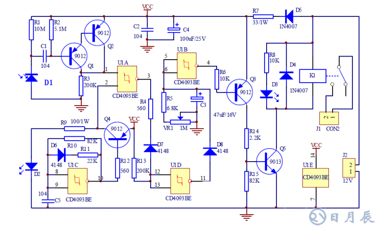 紅外接近開關(guān)電路 本例紅外接近開關(guān)電路是通過(guò)檢測(cè)發(fā)射的紅外線信號(hào)是否被發(fā)射來(lái)判斷前方是否有物體，從而控制繼電器的開關(guān)動(dòng)作來(lái)控制其它電路（本例省略）。.png