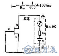 　萬用電表置R×1k檔，然后反復測試管子的三個電極，只要其中兩腳的正、反向測試電阻值相等，約為幾千歐姆時，這兩個極必定是漏、源極。當然為了驗證還得確定剩下那只腳是柵極，該腳對漏、源極中任一腳的正、反向電阻應是不一樣大的（PN結），若—樣，說明該管是壞的。